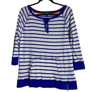 LRL Lauren Ralph Lauren Blue White Stripe Knit Top Pocket 1X